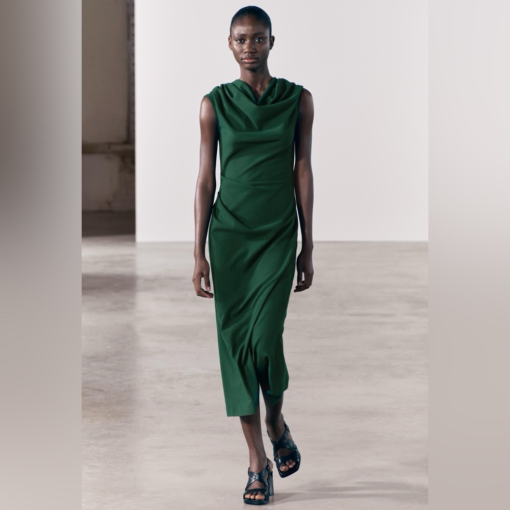 Zara Green Asymmetrical Ruched Sheath Midi Dress